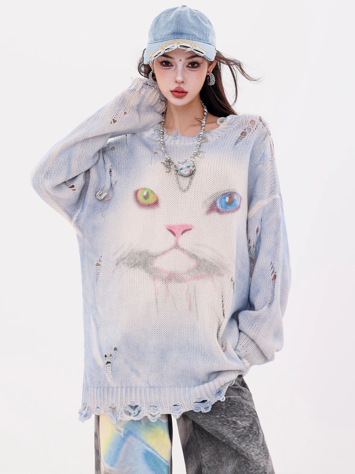 ABWLR Cat Messenger - Áo len hình mèo nguyên bản dành cho nữ, phong cách mùa thu mới, áo dệt kim dáng rộng và phong cách lười biếng.