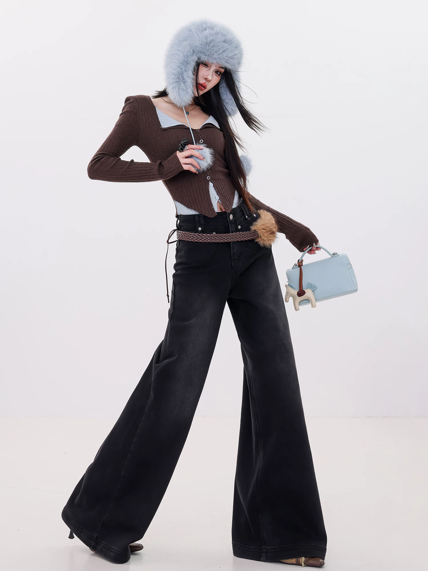 Quần jeans ống rộng dày dặn kiểu cổ điển ABWLR dành cho nữ 2025, cạp cao, dáng thẳng, tôn dáng