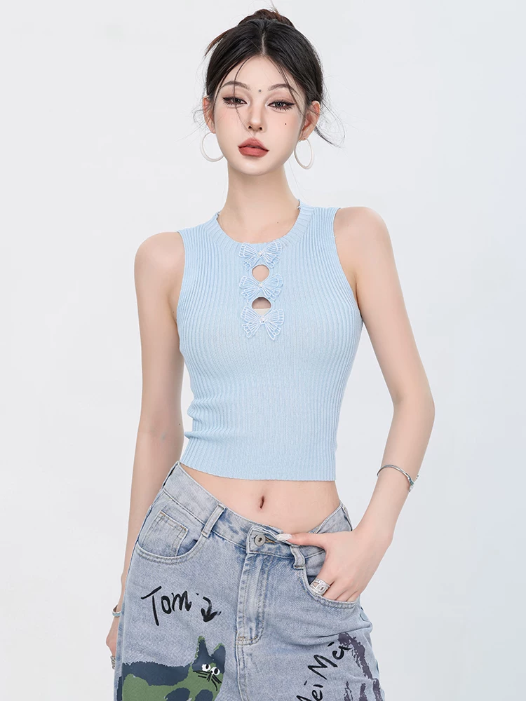 ABWEAR Angel Healing - Áo yếm nguyên bản dành cho nữ có trang trí hoa ba chiều khoét lỗ, áo ngắn thon gọn