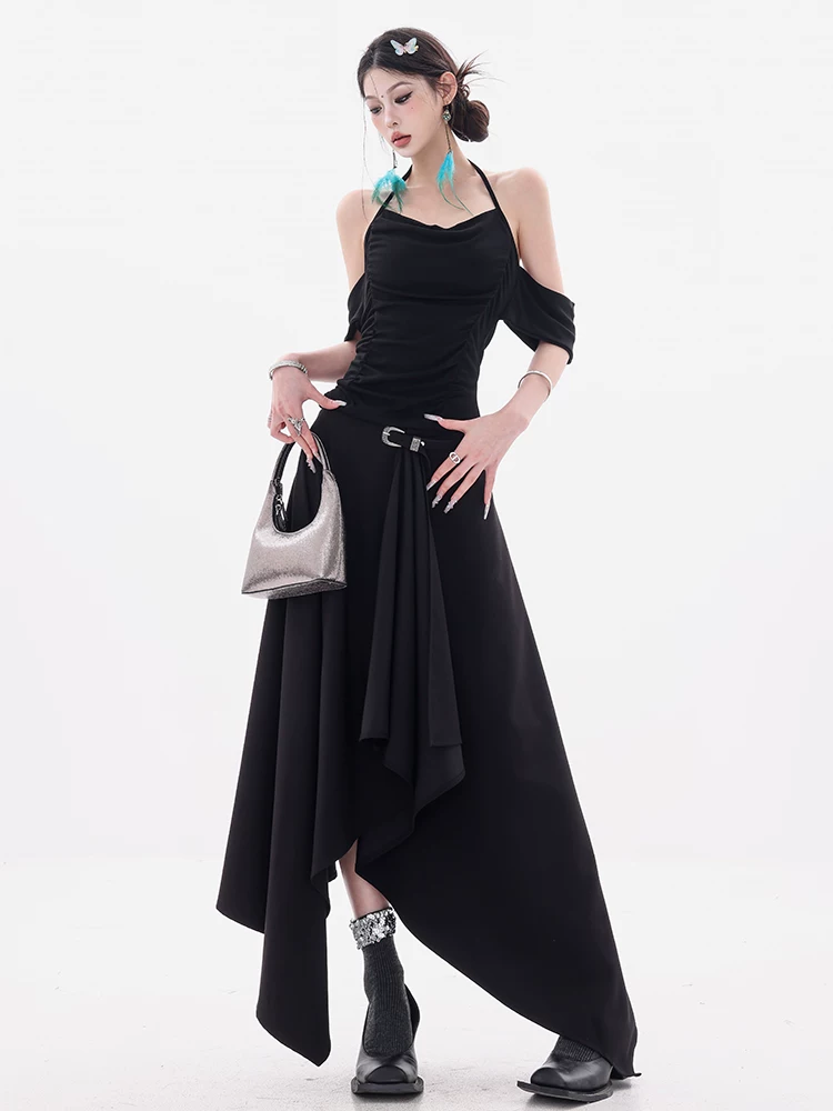 ABWEAR Wandering Painter - Váy đen độc đáo kiểu dáng bất quy tắc dành cho nữ Váy xẻ tà dáng chữ A dáng rộng