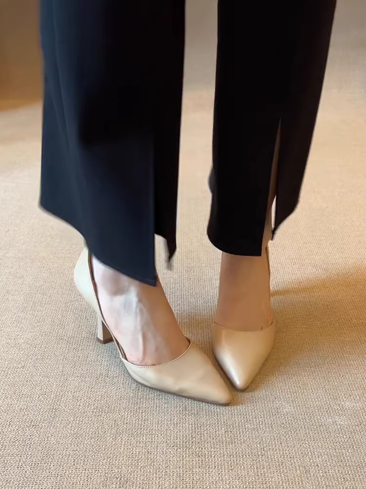Phiên bản da cừu ~ Giày cao gót mũi nhọn kiểu Pháp thanh lịch dành cho nữ, gót mỏng thoải mái và đa năng, giày đơn miệng nông.
