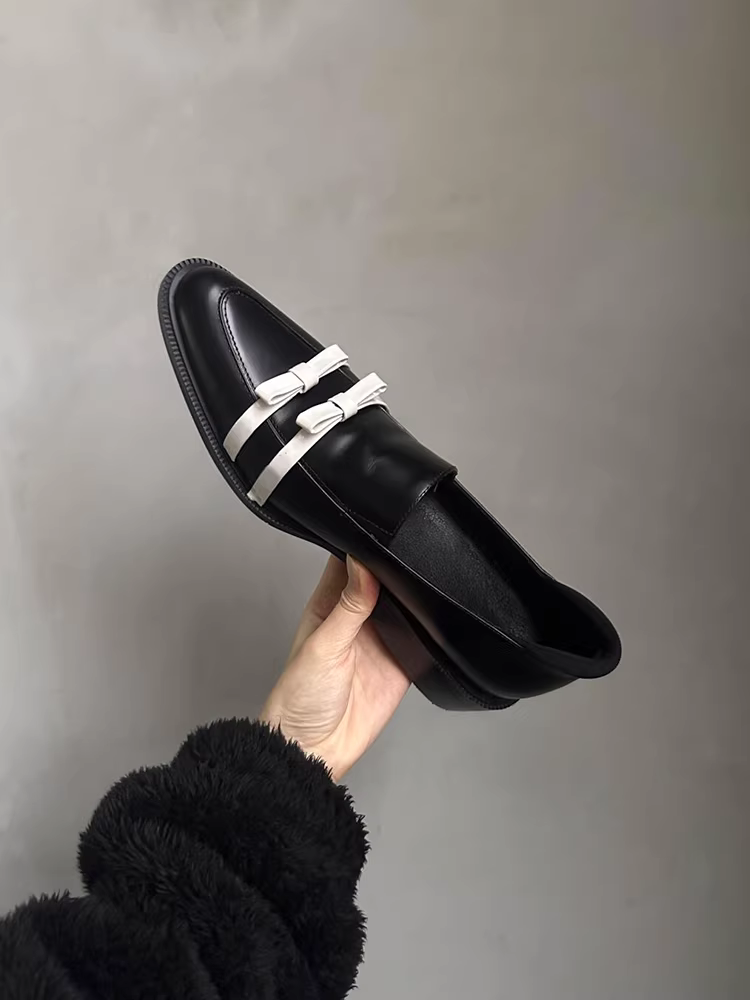 Phiên bản da cừu ~ Giày derby cao cấp phong cách Anh dành cho nữ, giày lười da thật đế thấp kiểu Pháp, giày da nhỏ có nơ