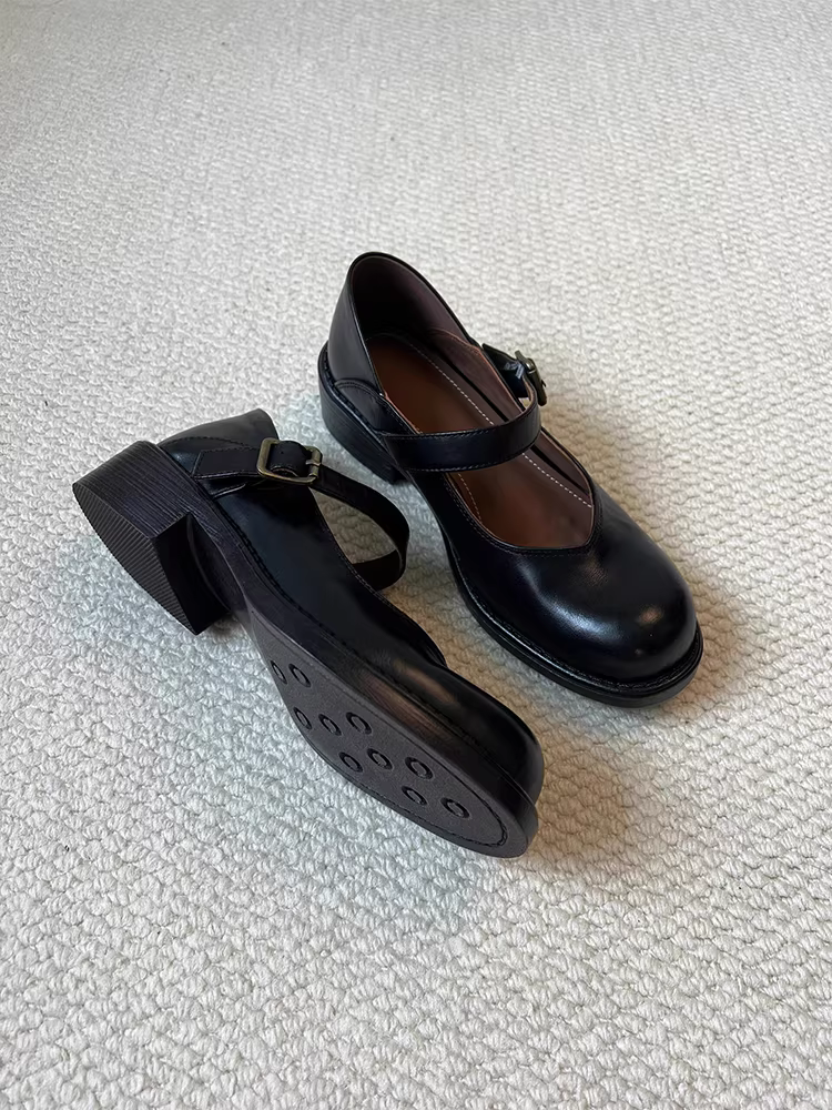 Phiên bản da cừu ~ Giày nữ đế dày bằng da thật, giày da nhỏ kiểu Anh cổ điển, mũi tròn, gót dày, giày Mary Jane có quai đơn.