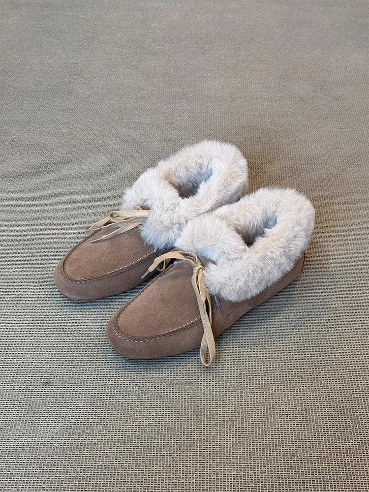 Phiên bản da cừu ~ Giày lông mềm mại mùa đông dành cho nữ có nơ, giày lười bằng da lộn đế bằng thoải mái và ấm áp
