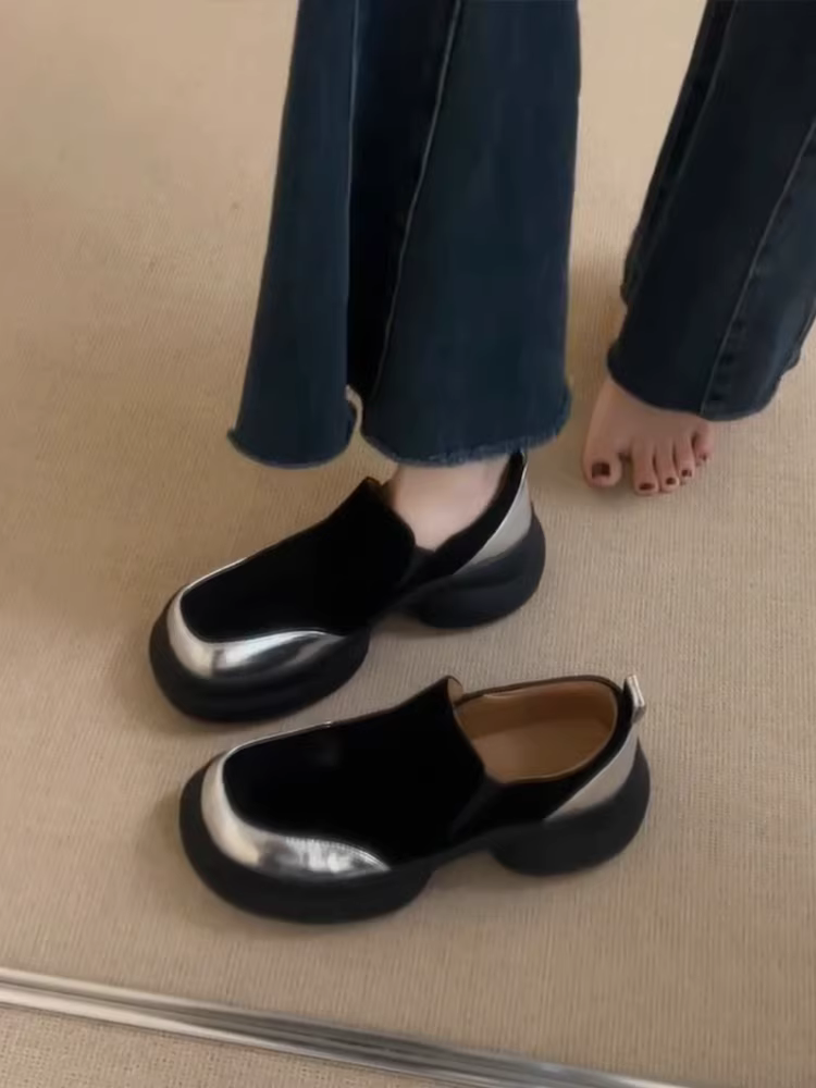 Phiên bản da cừu ~ giày đế dày đế dày kiểu cổ điển dành cho nữ, giày da lộn mũi tròn đơn giản, giày da nhỏ đơn giản
