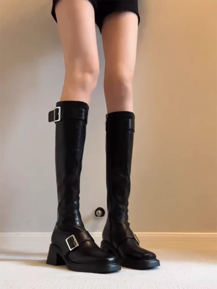 Phiên bản da bò ~ Giày bốt cưỡi ngựa dáng thẳng qua đầu gối kiểu cổ điển kiểu Anh dành cho nữ, thiết kế độc đáo, bốt ôm dáng co giãn