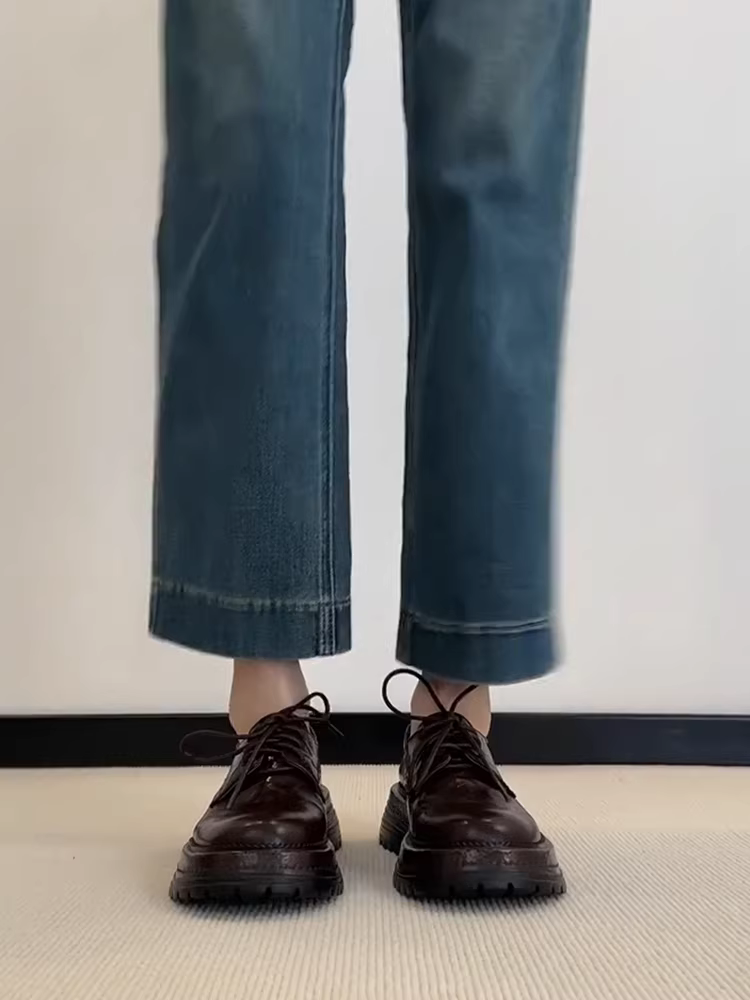 Phiên bản da cừu ~ Giày da nhỏ kiểu cổ điển dành cho nữ, giày đơn đế dày buộc dây cắt sâu, giày lười da thật đa năng mới