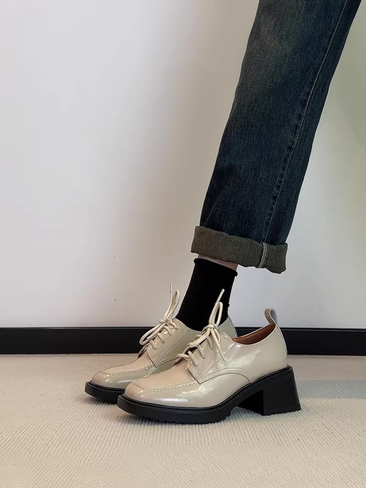 Phiên bản da cừu ~ Giày lười đế dày mũi tròn kiểu Anh bằng da sáng chế dành cho nữ, giày da đế dày buộc dây đơn giản, kiểu dáng sâu, thích hợp đi làm