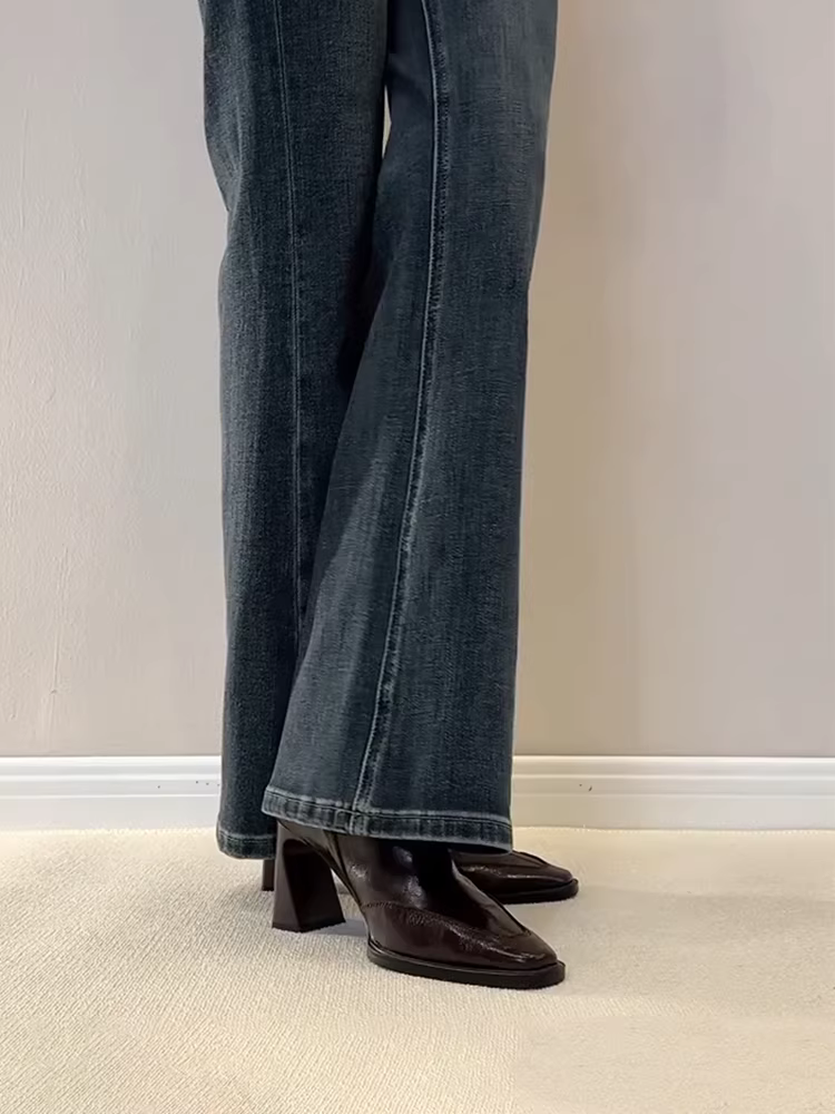 Phiên bản da cừu ~ Giày bốt cao gót kiểu Anh cổ điển đa năng, kiểu dáng ôm sát, có khóa kéo phía sau, mũi nhọn, kiểu dáng thanh lịch và đơn giản.