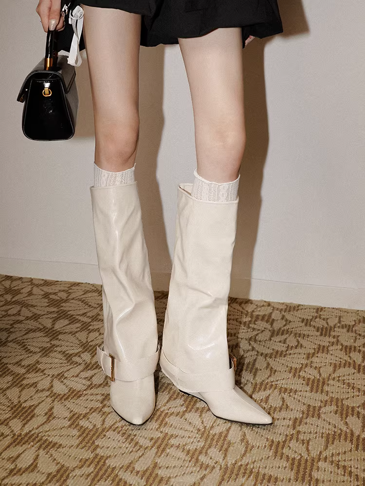 Pear Xiaoqi~ Giày bốt cao gót đế xuồng dành cho nữ, phong cách Pháp, thiết kế độc đáo, kiểu dáng quần ống rộng có khóa thắt lưng, bốt cưỡi ngựa mũi nhọn.