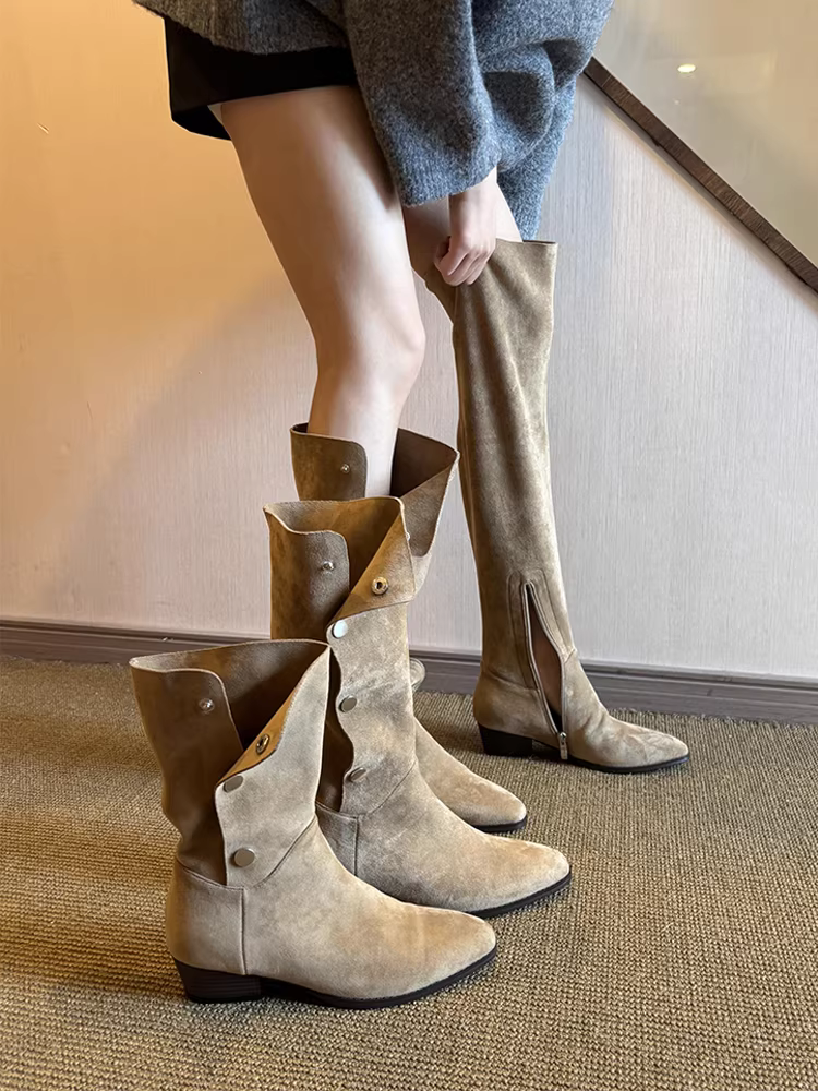 Giày bốt da cừu kiểu cổ điển, hai kiểu đeo, chất liệu da mờ, dành cho nữ, kiểu dáng đơn giản, gót dày, đi ngoài trời, sa mạc, xếp ly, kiểu xếp chồng.