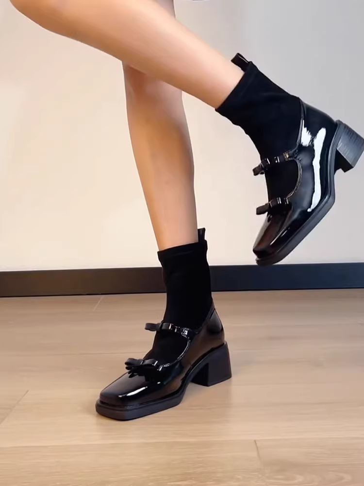 Phiên bản da bò ~ Giày bốt thon gọn co giãn kiểu cổ tích kiểu Pháp dành cho nữ, Giày bốt ngắn đa năng mũi vuông kiểu Hàn Quốc