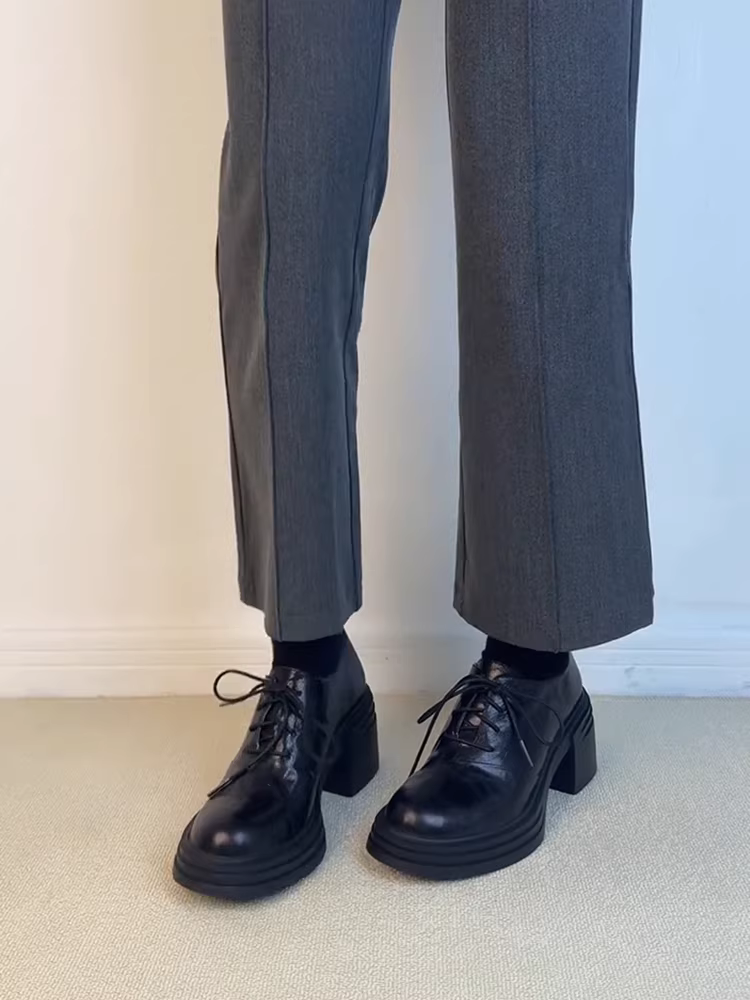 Phiên bản da cừu ~ Giày da cao cấp cắt sâu dành cho nữ, đế dày, giày lười cao gót nhỏ nhắn, giày đơn buộc dây phong cách Anh.