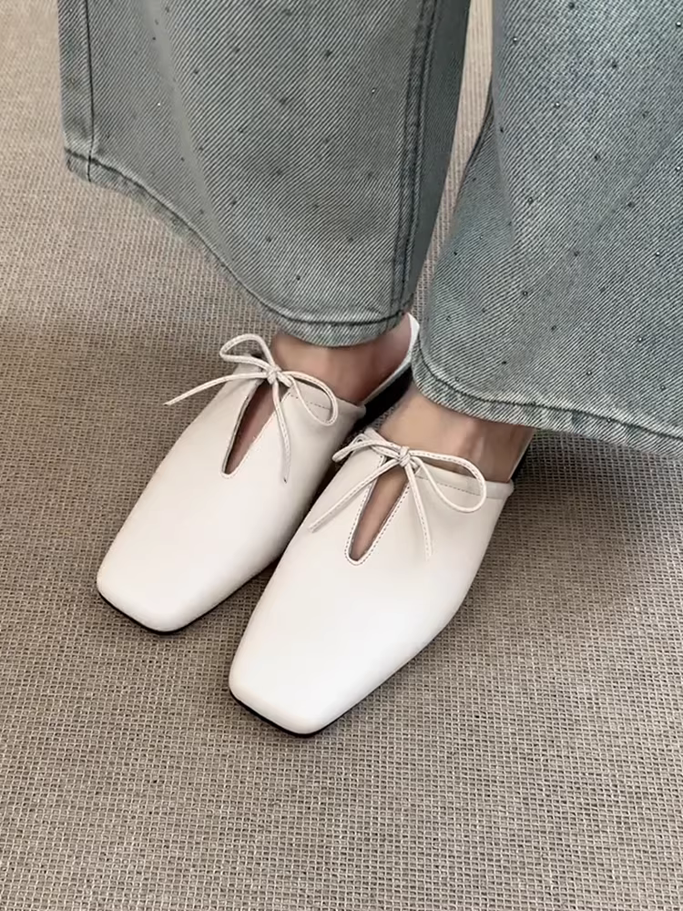 Phiên bản da cừu ~ Giày mũi kín bằng da thật đế thấp kiểu Pháp dành cho nữ, giày mules mũi vuông khoét lỗ đa năng có nơ.