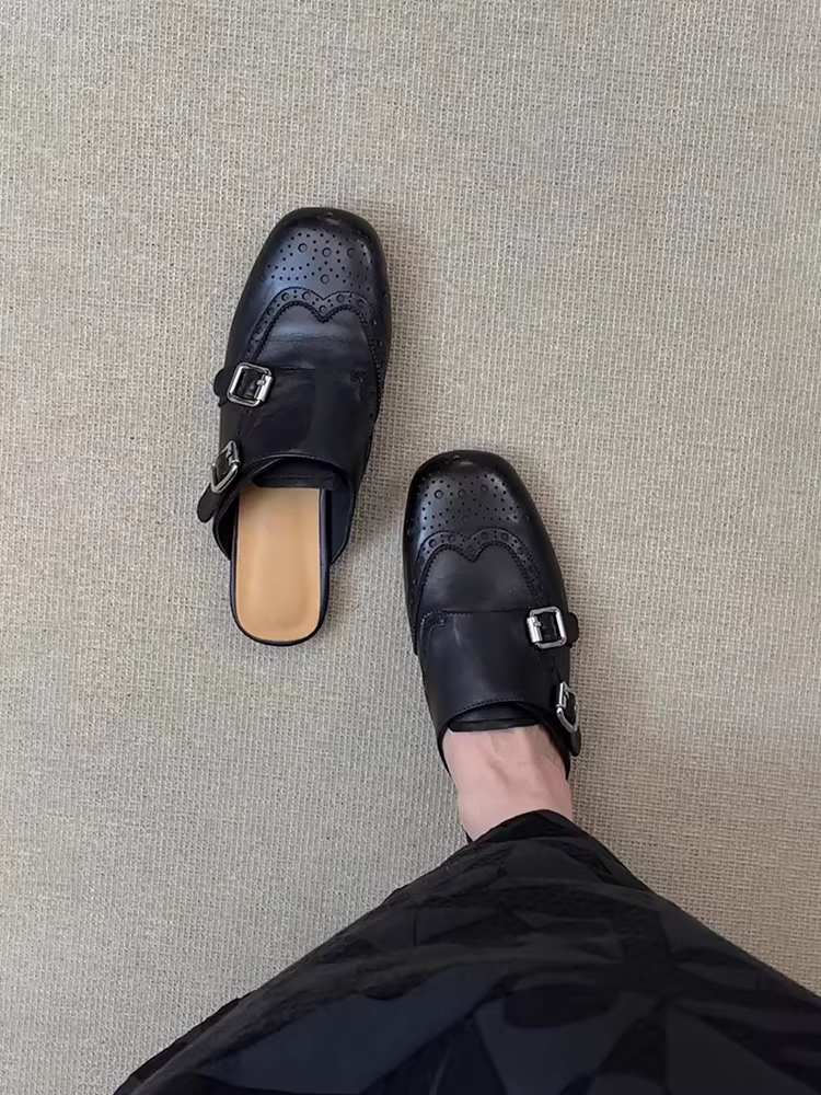 Phiên bản da cừu ~ Giày đế bằng cổ điển đa năng dành cho nữ, giày mũi vuông có mũi kín, giày mũi vuông có mũi kín, dép da thật kiểu brogue