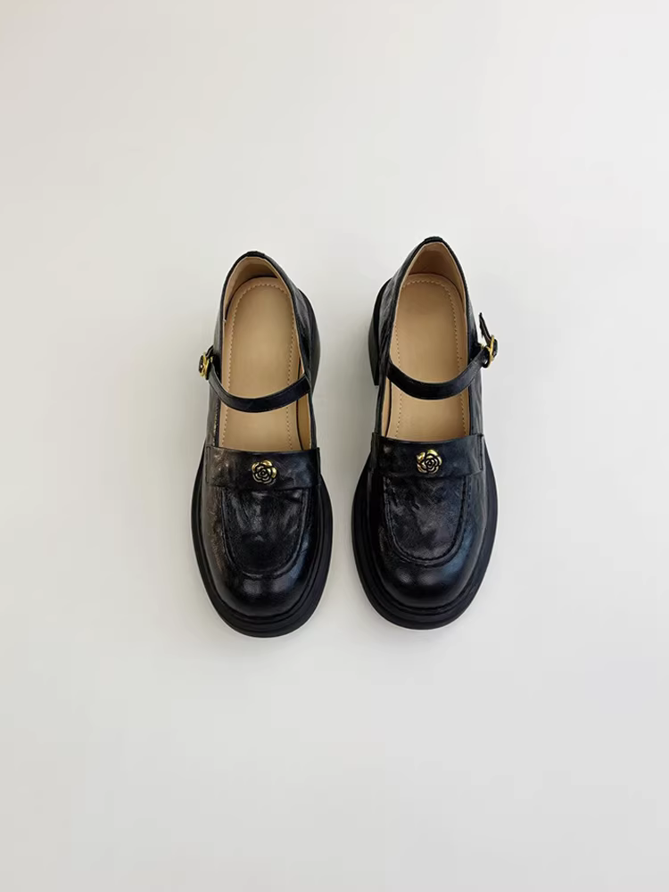 Phiên bản da cừu ~ Giày lười đế dày có gót dày một dây phong cách cổ điển dành cho nữ, giày da đi làm mũi tròn hoa trà đa năng