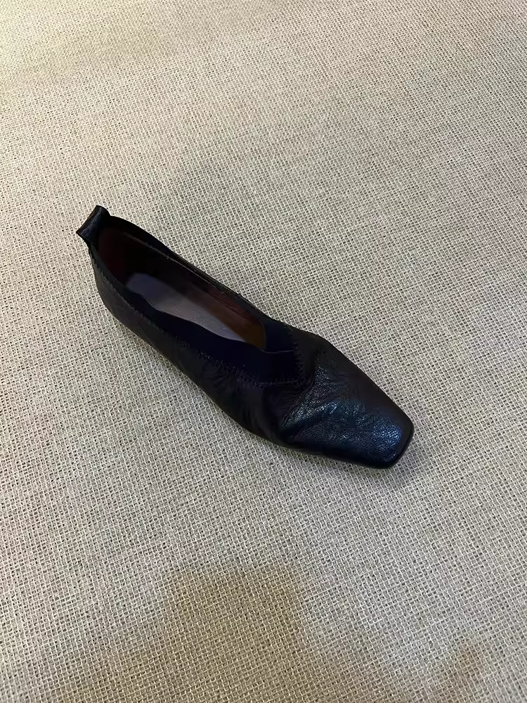 Phiên bản da cừu ~ giày đế bằng da mềm phong cách cổ điển dành cho nữ, giày ba lê mũi vuông bằng da thật để phối với váy, giày lười