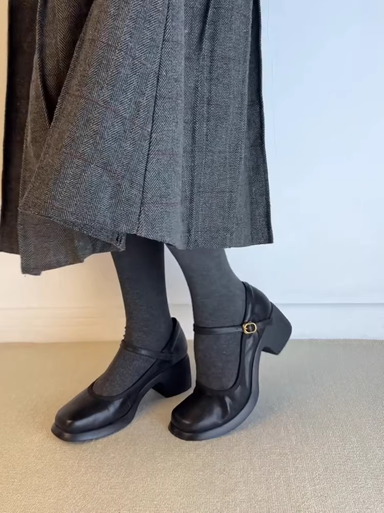 Phiên bản da cừu ~ Giày Mary Jane da thật có gót dày dành cho nữ, mũi tròn, gót vừa, miệng nông, khóa quai đơn, giày da nhỏ thanh lịch.