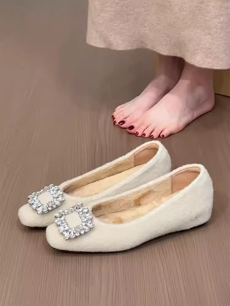 Phiên bản da cừu ~ Giày dạ hội có khóa vuông đính đá phong cách Pháp dành cho nữ, kiểu dáng cổ tích, khí chất dịu dàng, giày đế thấp mũi vuông.
