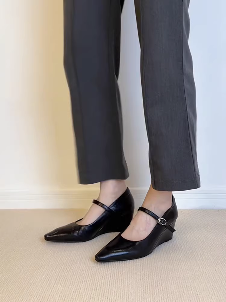 Phiên bản da cừu ~ Giày da thật mũi nhọn gót nhọn kiểu cổ điển dành cho nữ, giày cao gót màu đen có quai đơn, giày Mary Jane đơn giản.