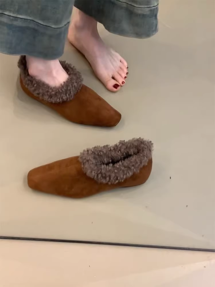 Phiên bản da cừu ~ Giày lười da thật cổ điển dành cho nữ có độ tăng chiều cao ẩn, mũi vuông, đế phẳng, giày lông đa năng đi làm