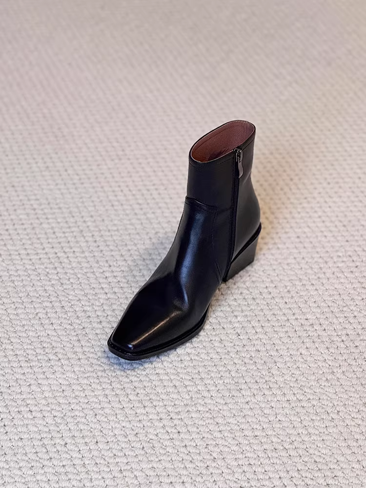 Phiên bản da bò ~ Giày bốt Chelsea mũi vuông bằng da thật phong cách Anh quốc đẹp trai dành cho nữ có khóa kéo bên hông, đơn giản và thanh lịch, gót dày, giày bốt thon gọn.