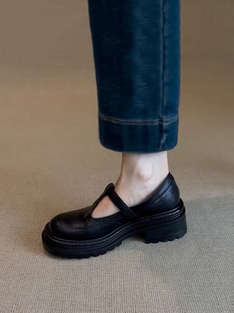 Phiên bản da cừu ~ Giày Mary Jane đế dày có khóa chữ T kiểu Anh, da thật, giày đế dày dành cho nữ, giày lười đế dày mùa xuân và mùa thu mới.