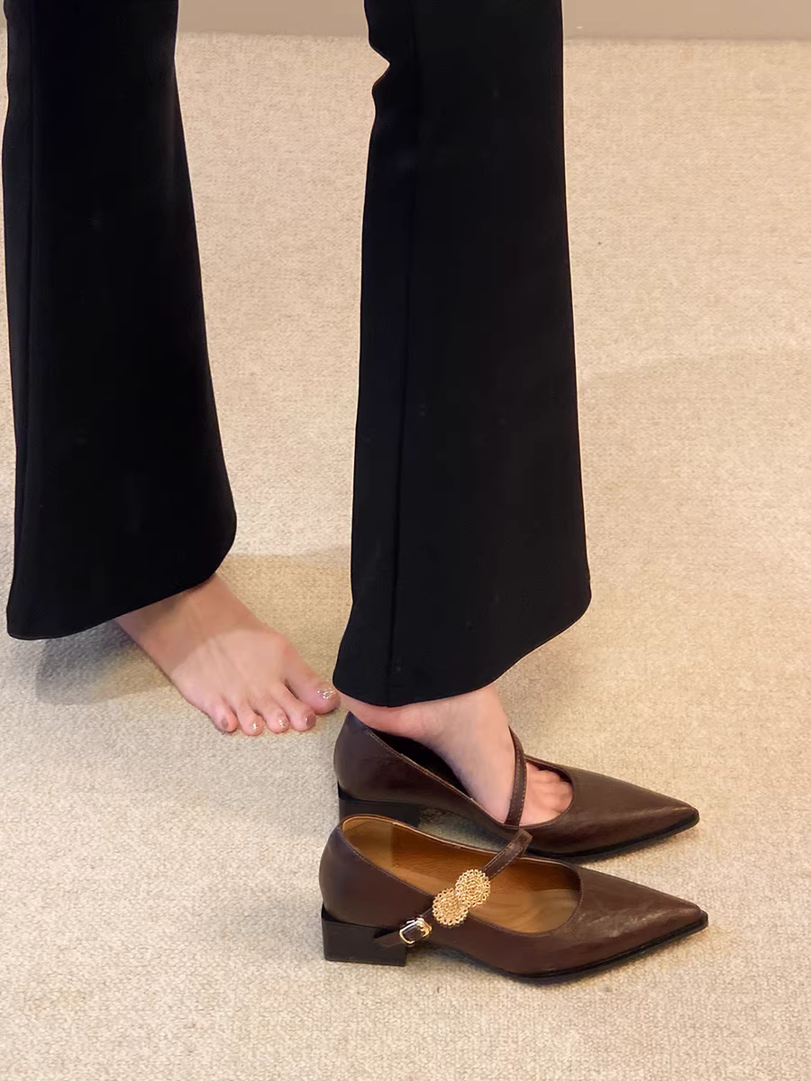 Phiên bản da cừu ~ Giày đơn có khóa kim loại nông kiểu cổ điển dành cho nữ, giày Mary Jane mũi nhọn kiểu Pháp đa năng, thanh lịch