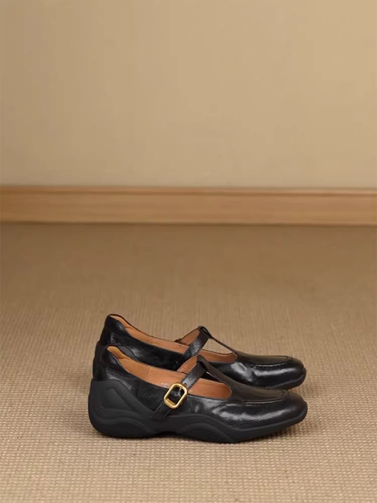 Phiên bản da cừu ~ Giày lười Mary Jane có dây đeo chữ T phong cách thể thao bằng da thật dành cho nữ, giày da nhỏ đế dày rỗng kiểu cổ điển.