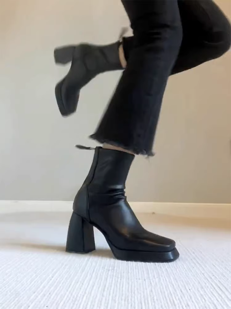 Phiên bản da bò~ Giày bốt cao gót đế dày chống thấm nước kiểu Pháp dành cho nữ, giày bốt ngắn gót vuông mũi vuông màu đen có khóa kéo phía sau