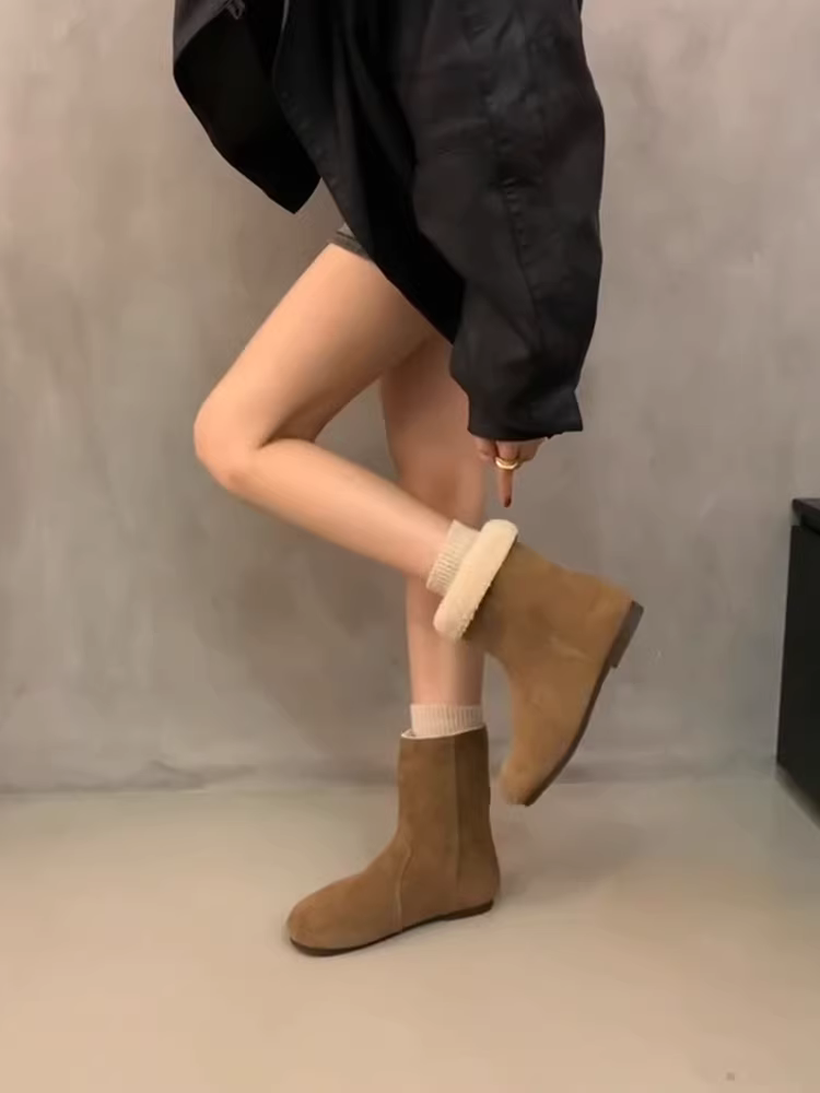 Phiên bản da bò ~ Giày bốt Birkenstock da thật mũi tròn dành cho nữ, bốt ngắn đế bằng lót lông cừu giữ ấm tăng chiều cao, bốt da lộn kiểu cổ điển phương Tây