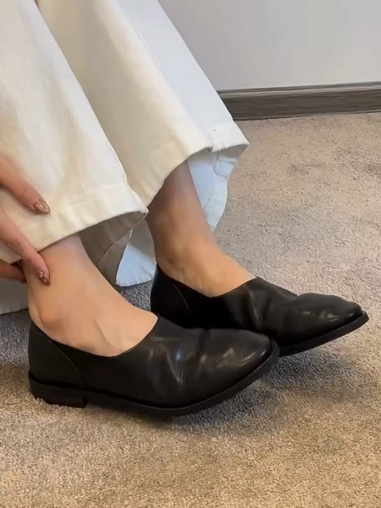 Phiên bản da cừu ~ Giày lười da thật tối giản kiểu retro dành cho nữ, phong cách nghệ thuật đa năng, giày da đế thấp độc đáo, hợp thời trang.