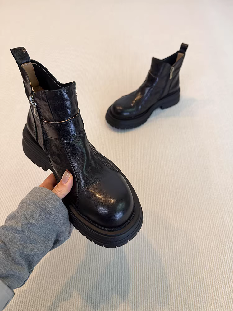 Phiên bản da cừu ~ Giày bốt cổ ngắn da lộn đa năng đế dày kiểu retro dành cho nữ có khóa thắt lưng và khóa kéo bên hông, giày bốt đi xe máy cao cấp dành cho người đi làm