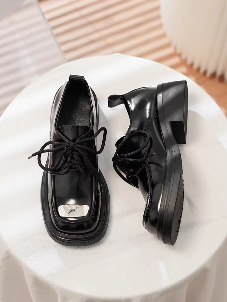 Giày da đế dày phong cách Âu Mỹ dành cho nữ, giày bệt buộc dây phong cách Anh, da thật, giày lười kiểu học sinh JK, mẫu mới xuân 2025.