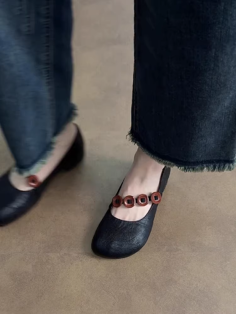 Phiên bản da cừu ~ Giày Mary Jane quai đơn nông, hình dáng bất quy tắc, đa năng dành cho nữ, phong cách cổ điển, thích hợp đi làm, giày bệt đa năng.