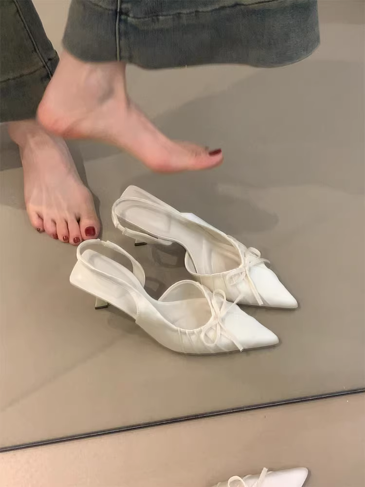 Phiên bản da cừu~ Giày cao gót thanh lịch kiểu Pháp dành cho nữ, giày mũi nhọn, dép quai hậu thắt nơ