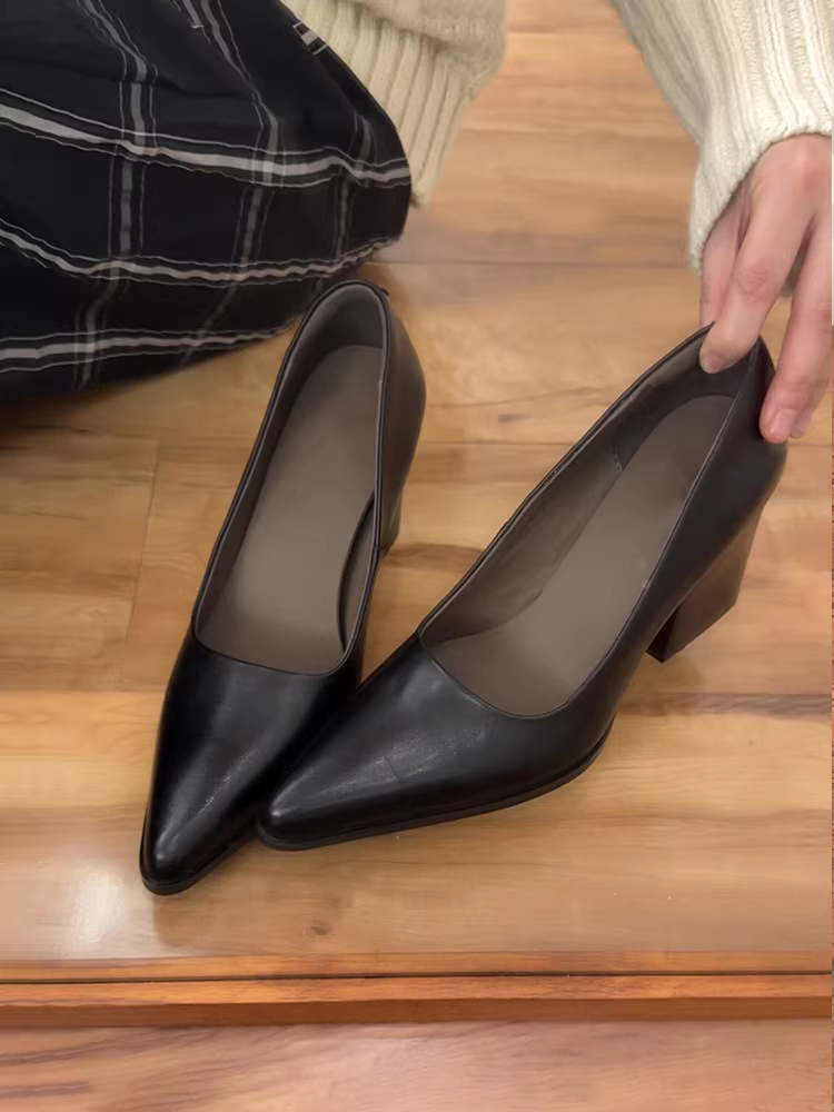 Phiên bản da cừu ~ Giày cao gót cổ điển dành cho nữ, mũi nhọn, giày đế bằng đa năng, miệng nông, gót dày, giày cổ điển bằng da thật