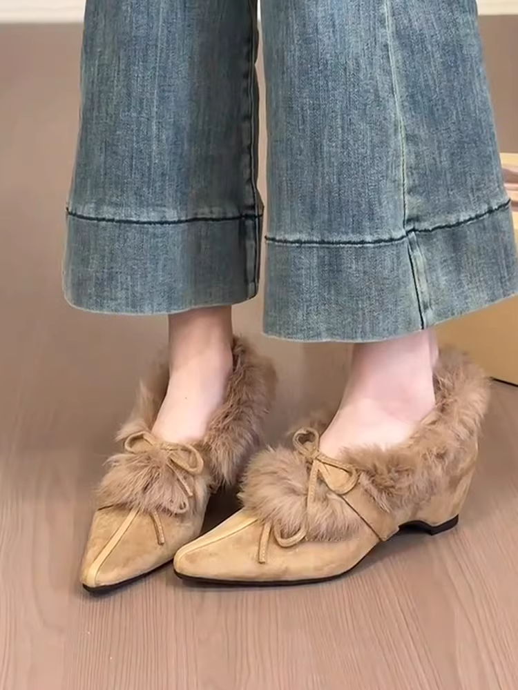 Phiên bản da cừu ~ Giày lông kiểu múa ba lê dành cho nữ, mũi nhọn, gót ẩn, kiểu lười, lót lông cừu, giày Mary Jane có nơ