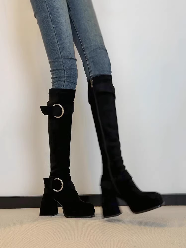 Phiên bản da bò ~ Giày bốt cao gót đế dày chống thấm nước thời trang dành cho nữ có khóa kéo bên hông, khóa thắt lưng, mũi vuông, bốt thon gọn