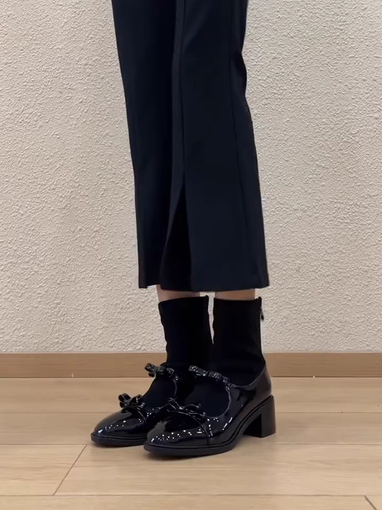 Phiên bản da bò ~ Giày bốt cao gót thắt nơ bằng da thật kiểu Chanel dành cho nữ, giày bốt ngắn đi làm kiểu cổ điển thời trang, kiểu dáng cổ điển, giúp thon gọn vóc dáng
