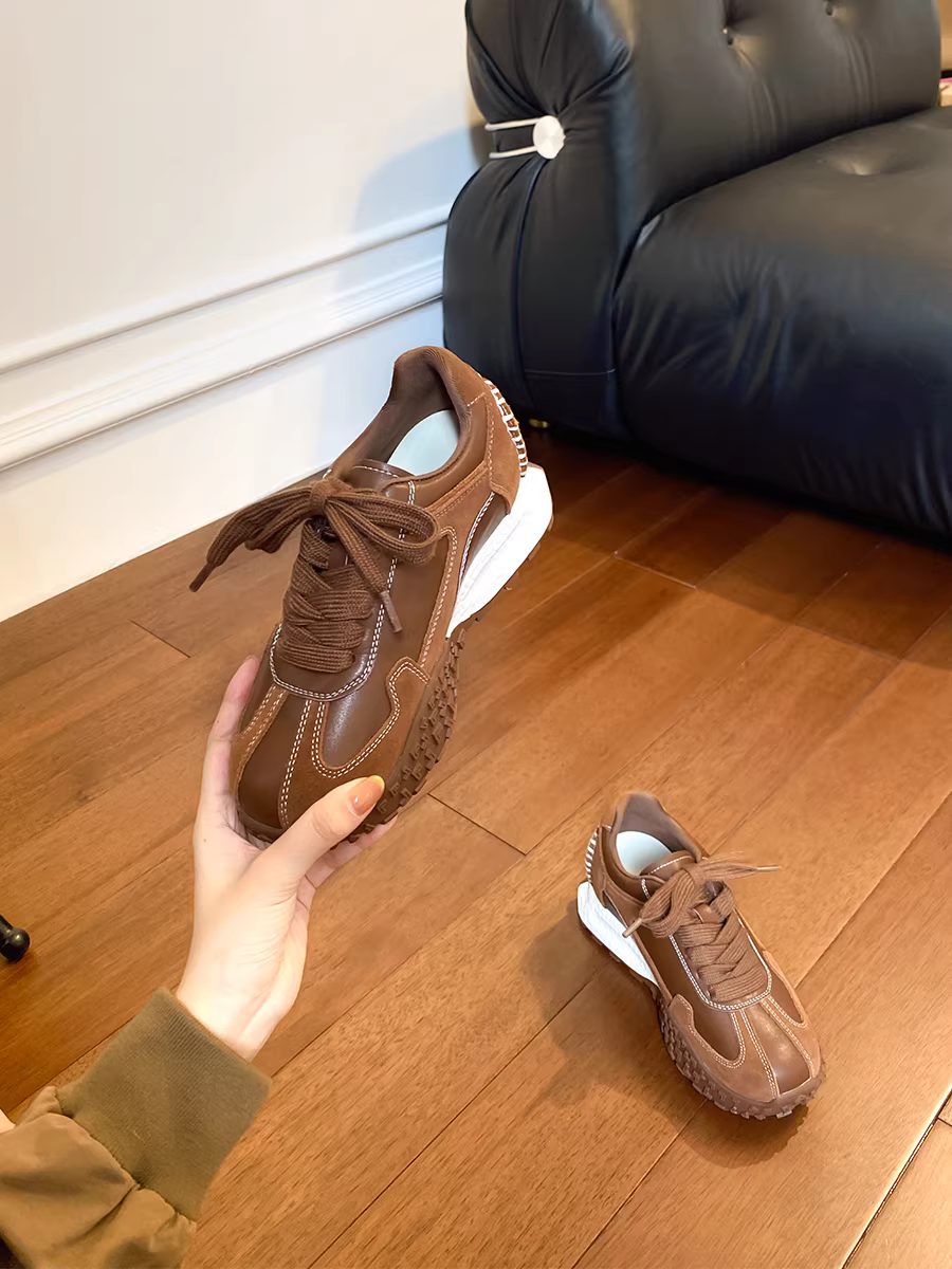 Phiên bản da cừu ~ Giày tập luyện Đức đế dày đa năng kiểu cổ điển dành cho nữ, giày thể thao đế bằng da thật phối màu độc đáo, giày thể thao kiểu bố