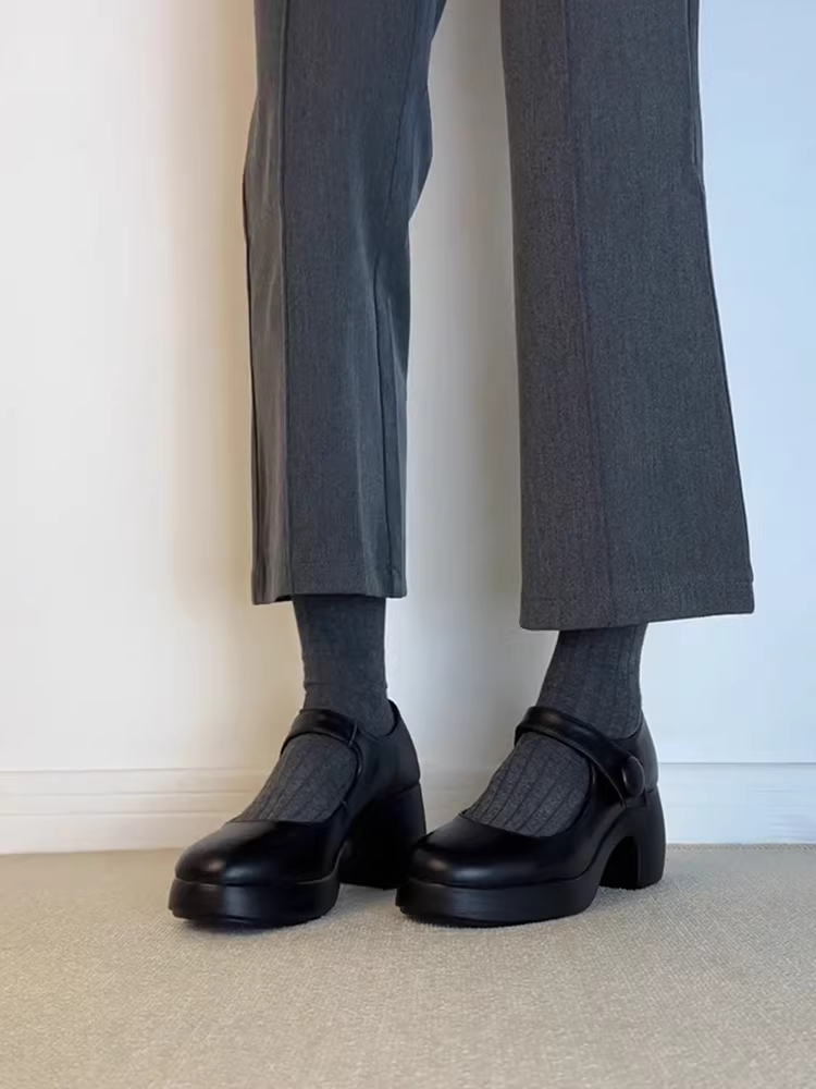 Phiên bản da cừu ~ Giày Mary Jane cao gót có khóa, giày da đế dày tăng chiều cao, giày đơn mũi tròn da thật đa năng dành cho nữ