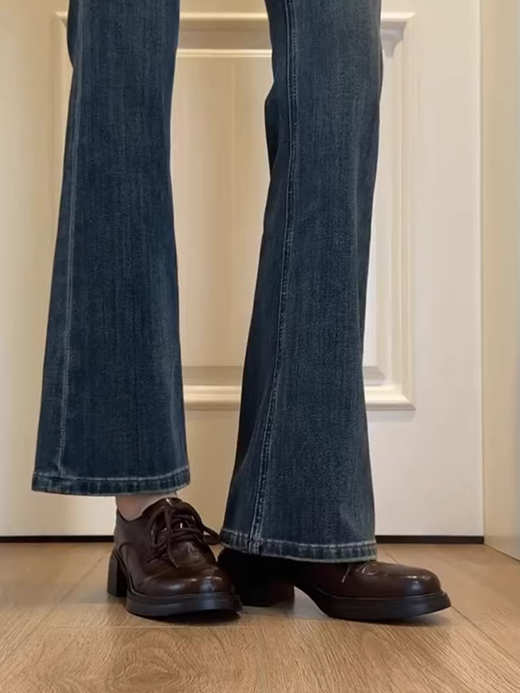 Phiên bản da bò ~ Giày lười da thật phong cách retro đơn giản dành cho nữ, buộc dây, đế dày, gót dày, phong cách preppy, giày da nhỏ thời trang đi làm