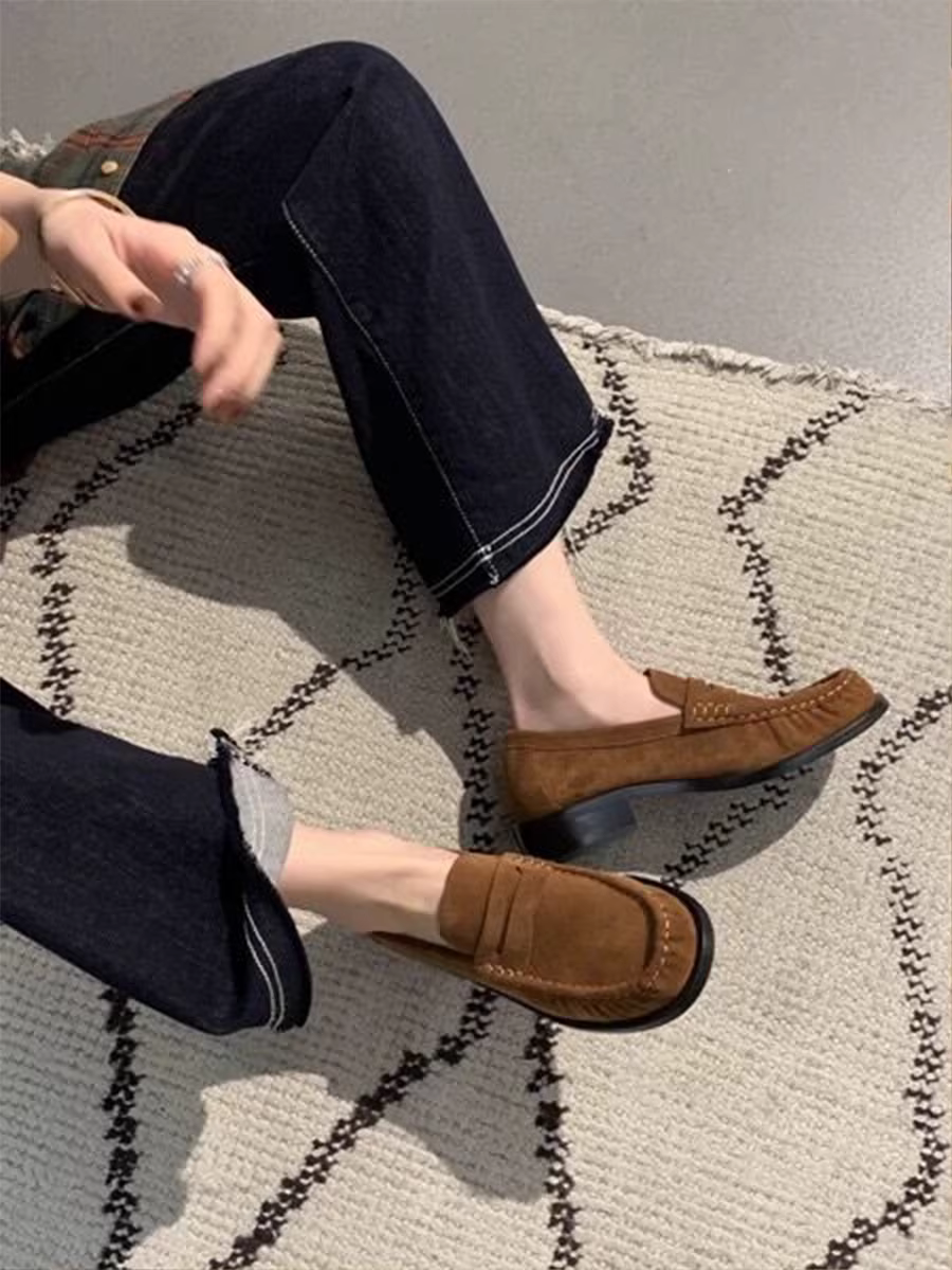 Giày lười mũi tròn kiểu Anh cổ điển bằng da cừu dành cho nữ giày đế bằng da thật kiểu cổ điển