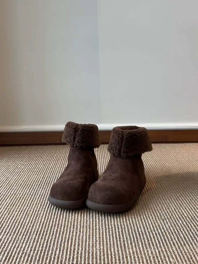 Phiên bản da bò ~ Giày bốt cotton Birkenstock dành cho nữ, da lộn đơn giản, có thể mang hai chiều, lót lông cừu, đế dày, đa năng, giày đi tuyết khí chất.