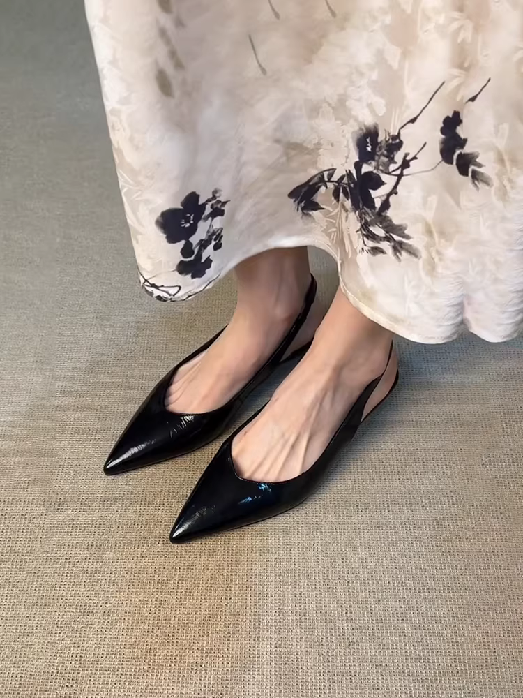 Phiên bản da cừu ~ Giày sandal mũi nhọn hở lưng kiểu Pháp thanh lịch dành cho nữ, giày công sở đa năng mũi nhọn có mũi kín.