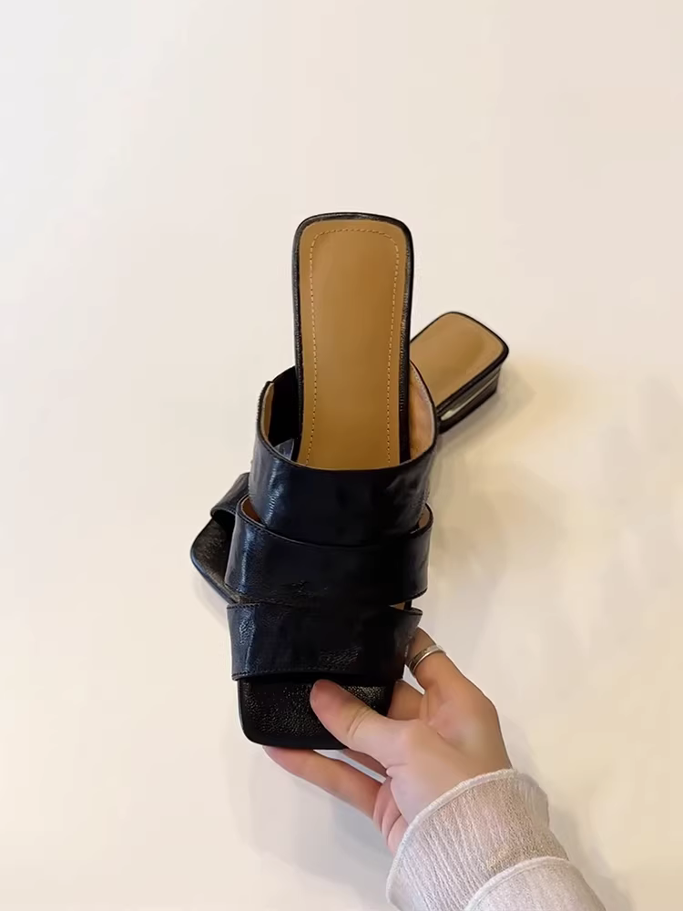 Phiên bản da cừu ~ Dép hở mũi vuông cổ điển đơn giản dành cho nữ, gót dày bằng da thật đa năng, giày lười kiểu La Mã thoải mái