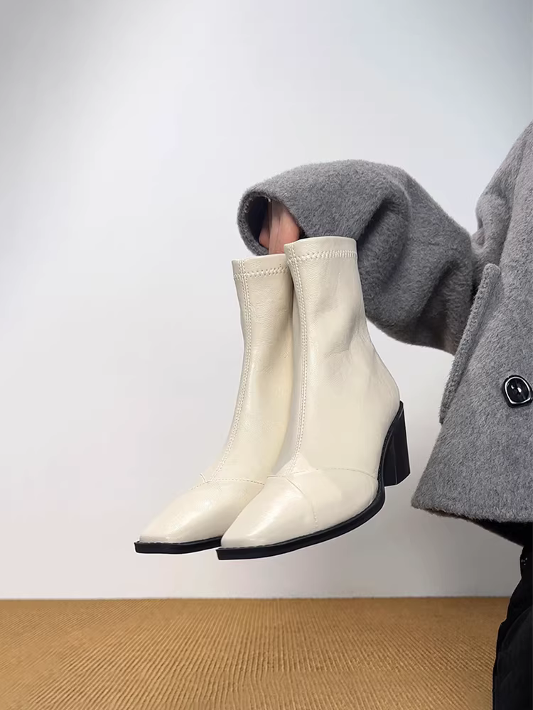 Phiên bản da bò ~ Giày bốt co giãn có khóa kéo phía sau màu trắng nhẹ nhàng và thanh lịch dành cho nữ, giày bốt mũi vuông đa năng bằng da thật có gót vuông tối giản, giày bốt mũi vuông đa năng