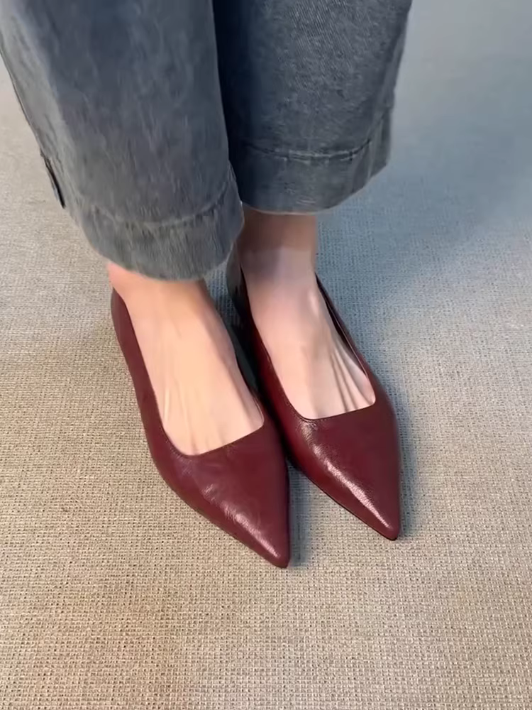 Phiên bản da cừu ~ Giày da đế thấp đi làm mũi nhọn, giày công sở thanh lịch, giày nữ kiểu dáng cổ điển, mũi nông, kiểu lười