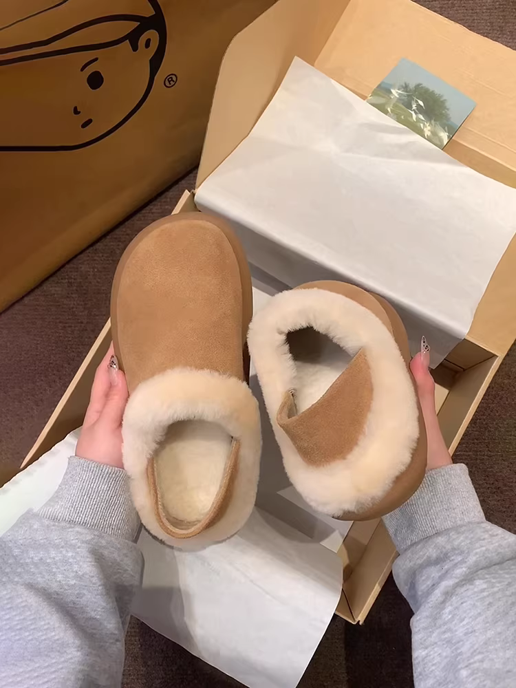 Phiên bản da cừu ~ Giày Birkenstock da thật kiểu lười có đế mềm, ủng đi tuyết đế dày, giày cotton ngoài trời dành cho nữ